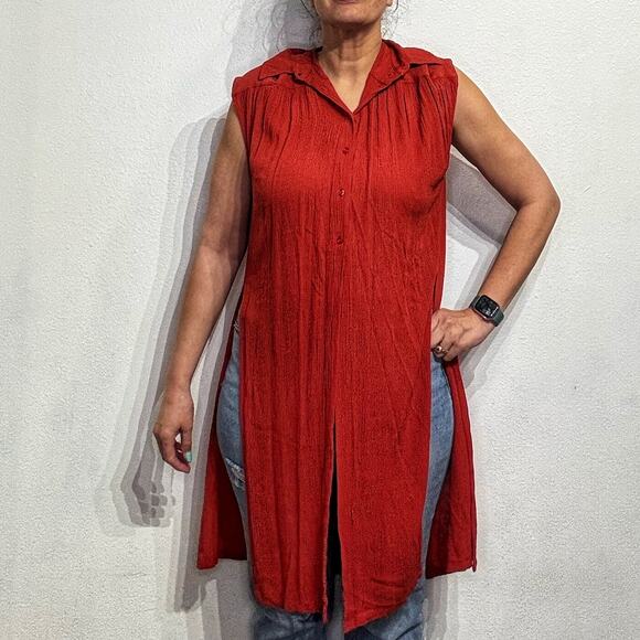 Wayf Red Side Slit Button Down Tunic Sz M - Picture 1 of 12